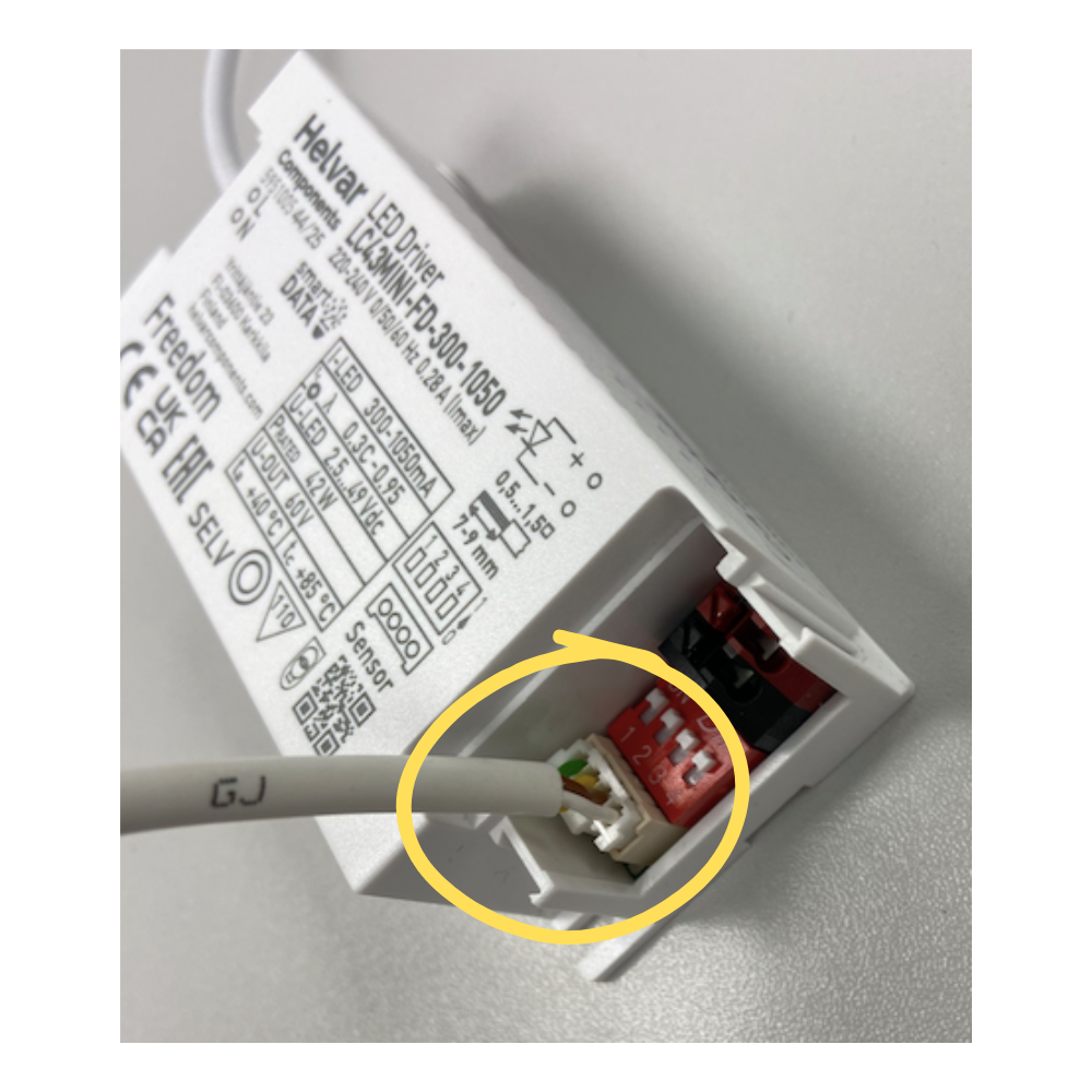 Helvar Freedom Sense Luminaire-based sensor plugged in to LC43MINI-FD-300-1050 Driver - Direct Lighting Supplies